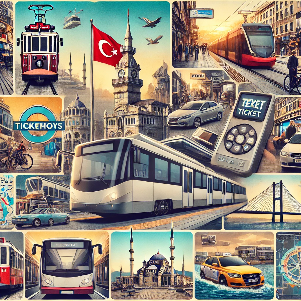 Collage showcasing public transportation in Turkey, including subways, buses, trams, ferries, and taxis in cities like Istanbul, Ankara, and Izmir.