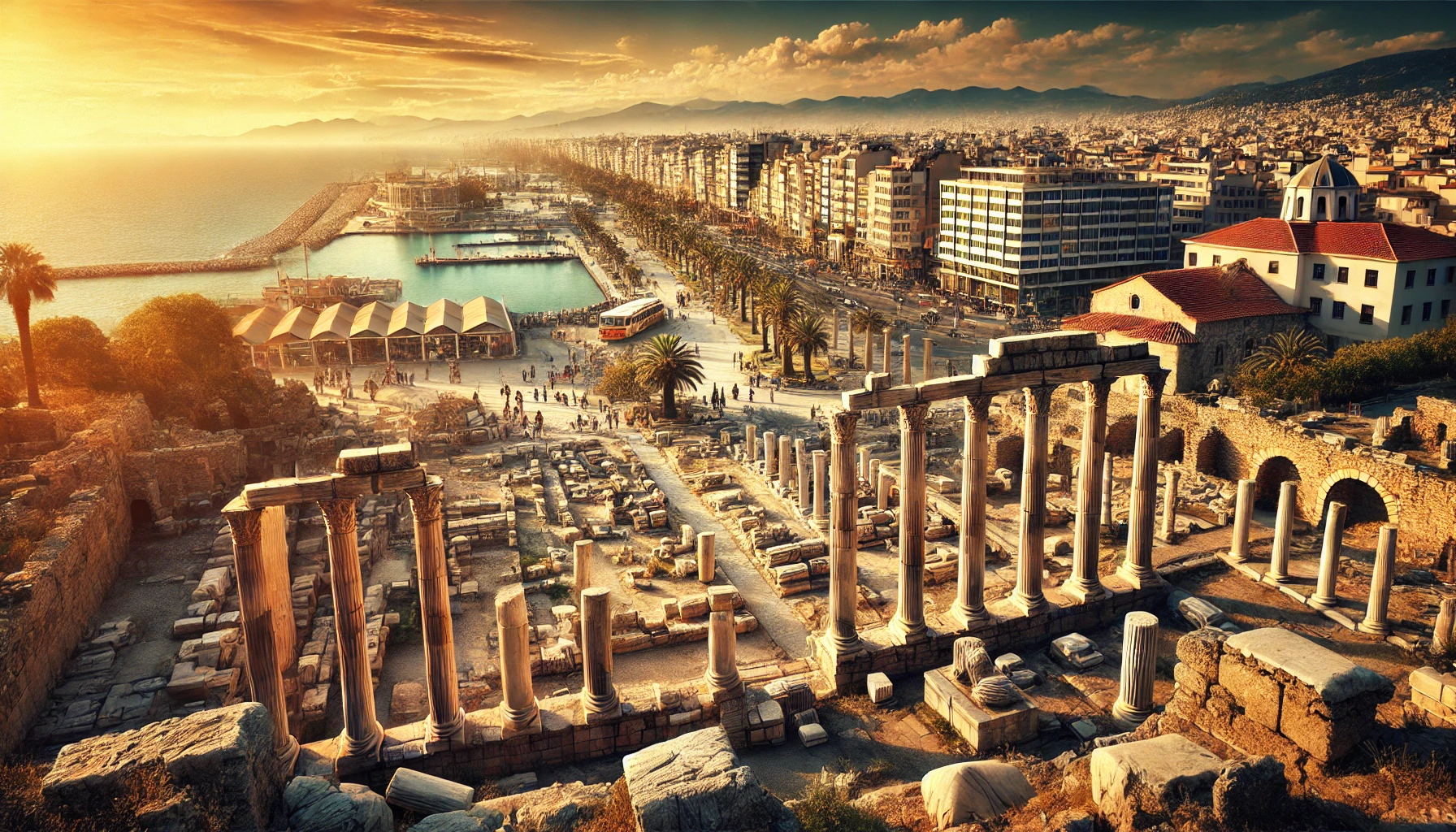 Panoramic view of Izmir, Turkey, highlighting ancient ruins of the Agora and modern architecture with the Aegean Sea in the background.