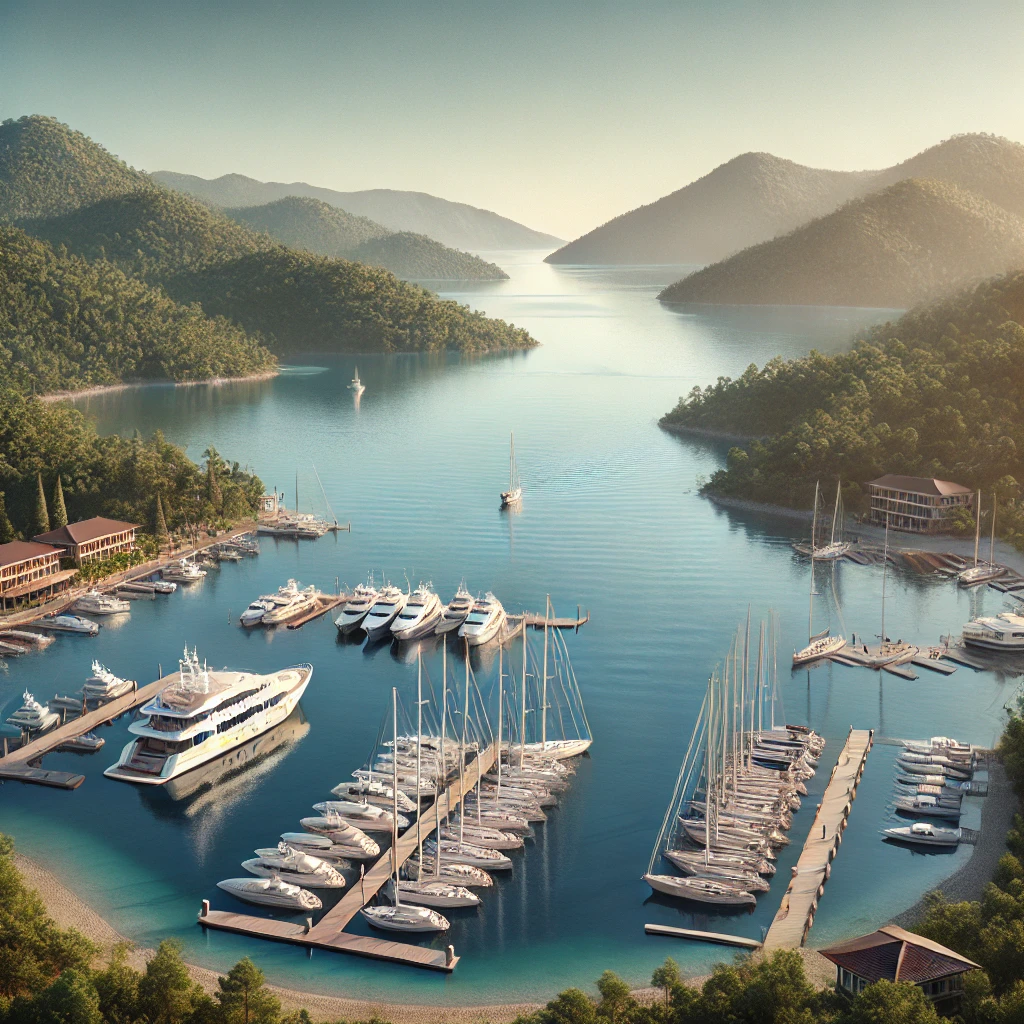 Adaköy Marina in Marmaris, Turkey, surrounded by lush green hills and calm blue waters with yachts docked.