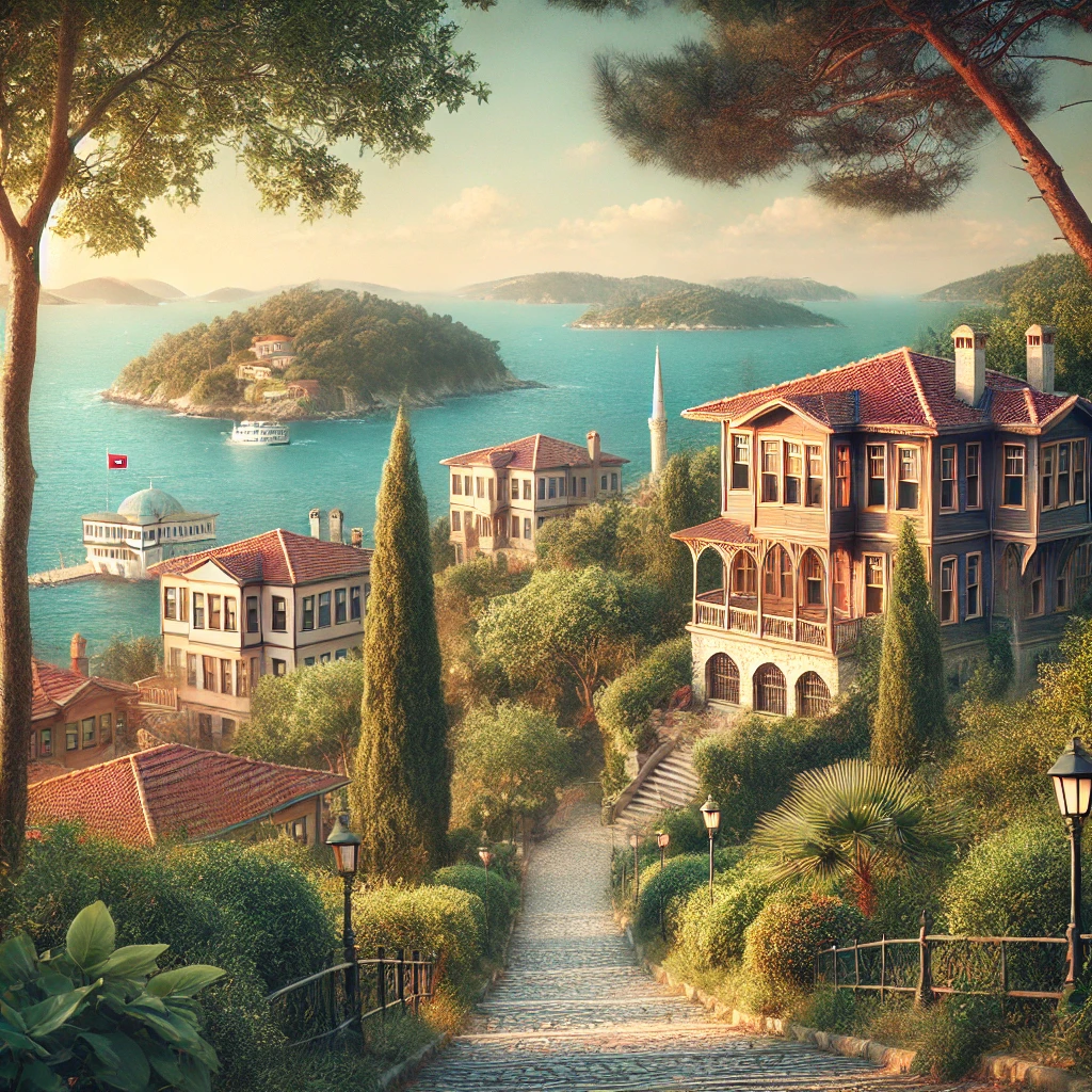 Serene view of Büyükada with lush greenery, historical wooden mansions, and the Marmara Sea.