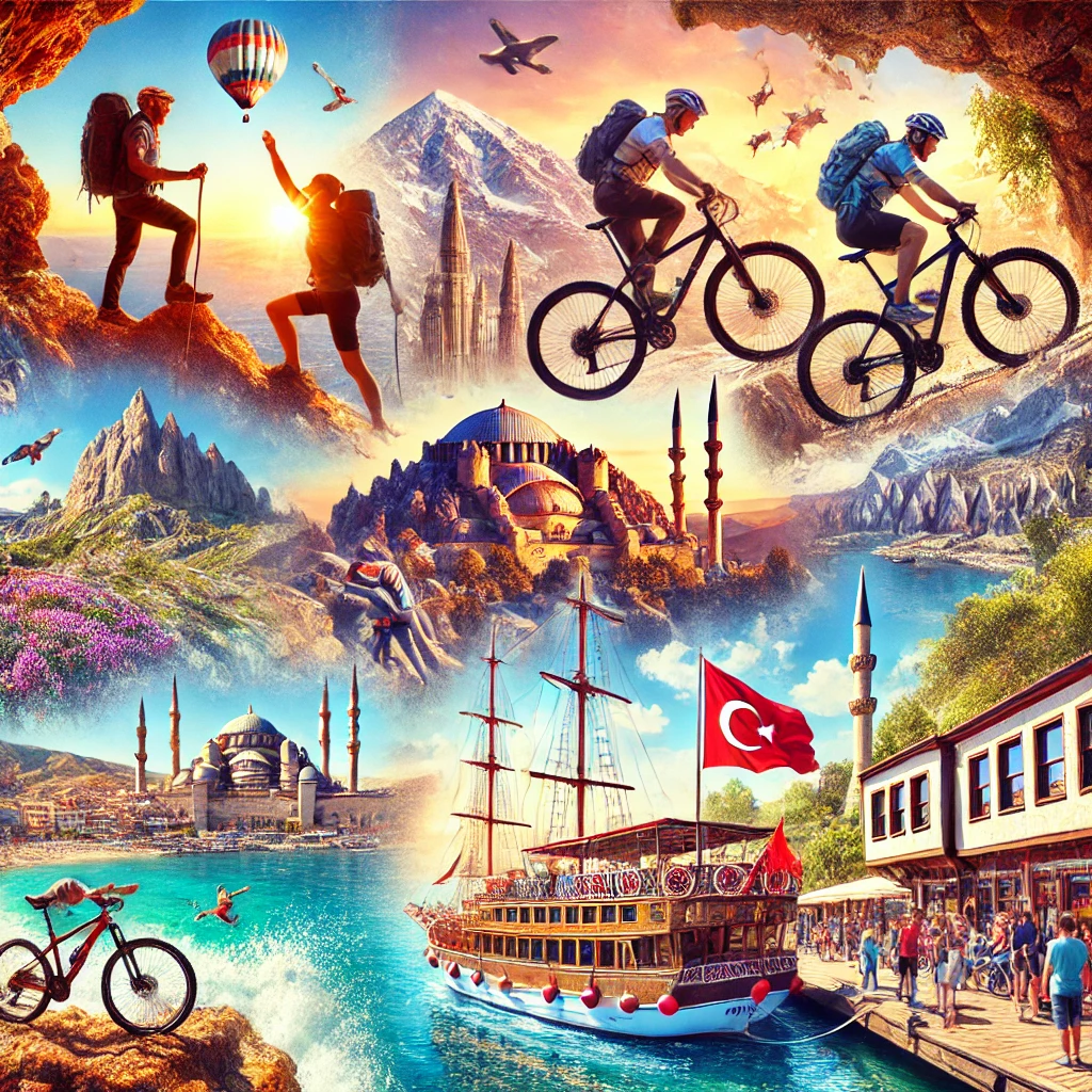 Collage of adventure activities in Turkey featuring hikers on the Lycian Way, climbers on Mt. Ararat, cyclists in Cappadocia, and a Gulet boat on the Turquoise Coast.