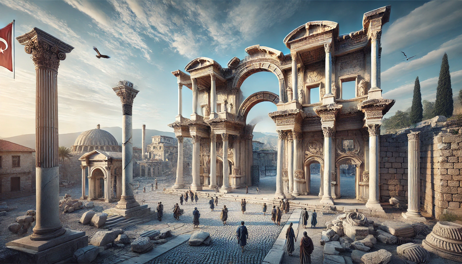 A realistic view of the Agora Open Air Museum in Izmir, Turkey, showcasing the ancient ruins of the Agora of Smyrna with the Faustina Gate and North Stoa.