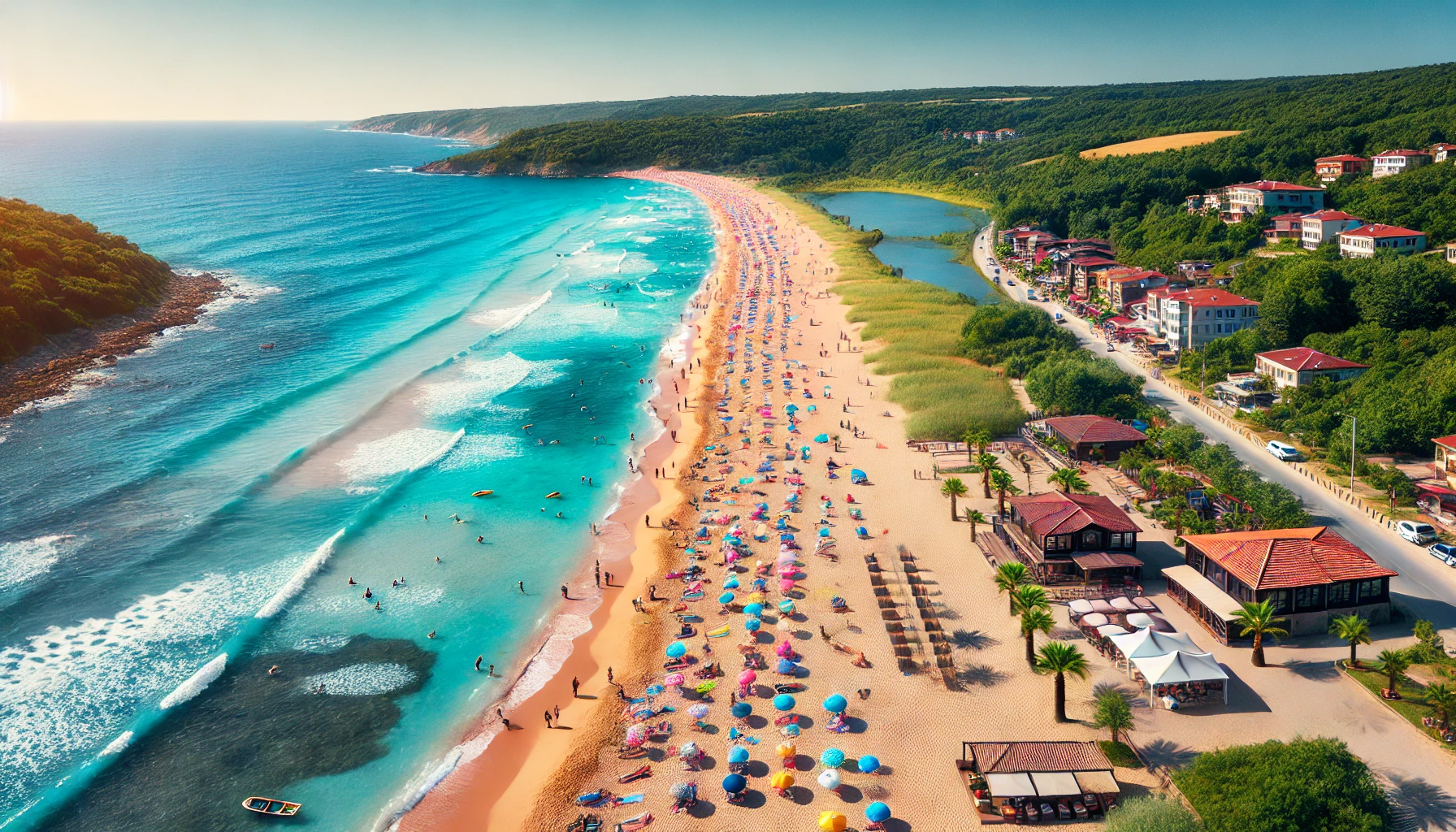 Scenic view of Ağva Beach in Ağva, Istanbul, featuring sandy shore, blue waters, sunbathers, colorful beach umbrellas, lush greenery, and beachside cafes.