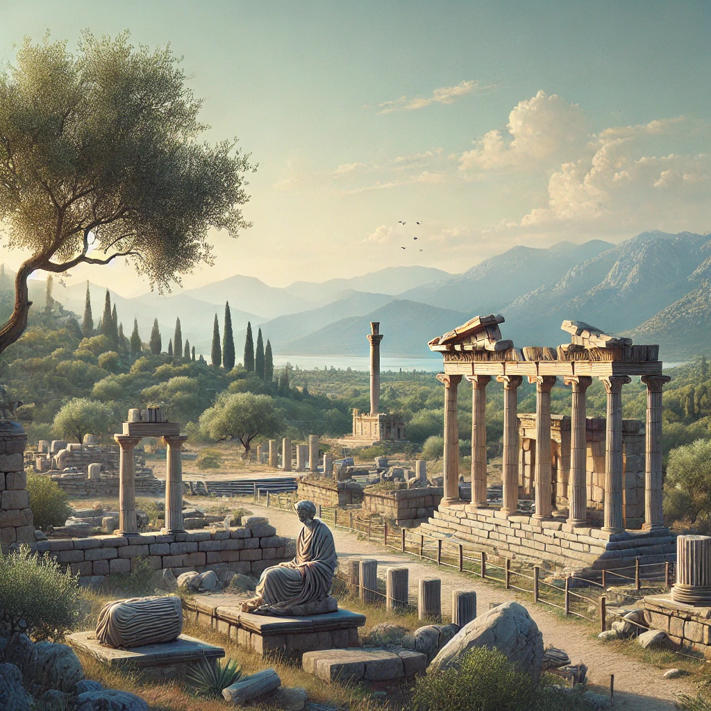 Ancient ruins of Klaros in Ahmetbeyli, İzmir, with stone structures and temple remains under a clear blue sky.