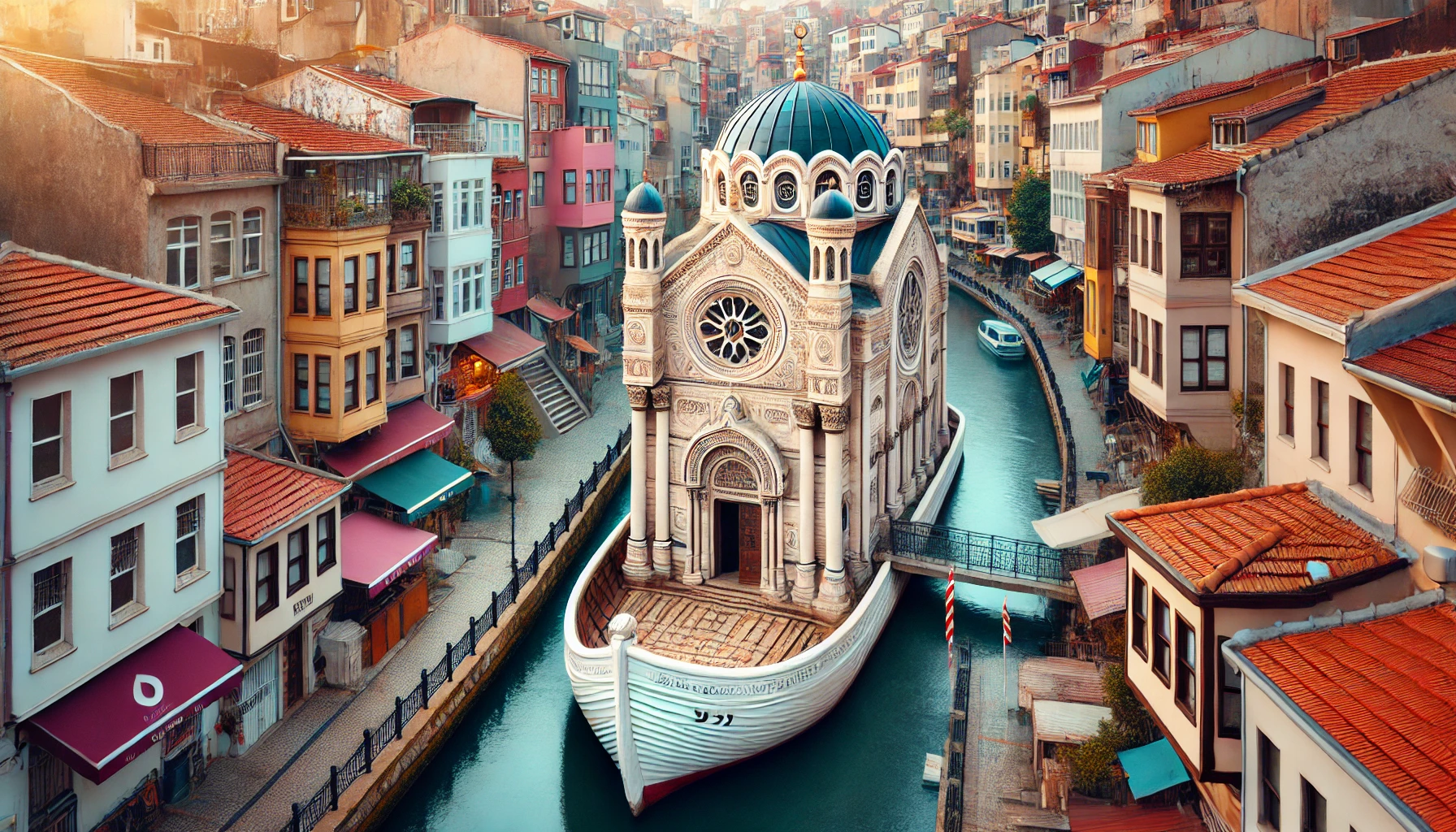 Ahrida Synagogue in Istanbul with its historical architecture and boat-shaped tevah, surrounded by colorful houses in the Balat district