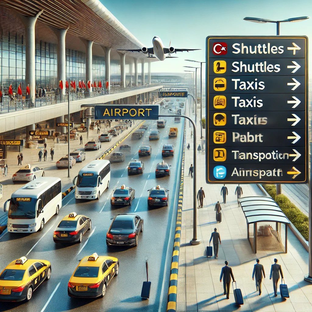 Modern airport scene in Turkey showcasing various airport transfer options including taxis and shuttle buses.