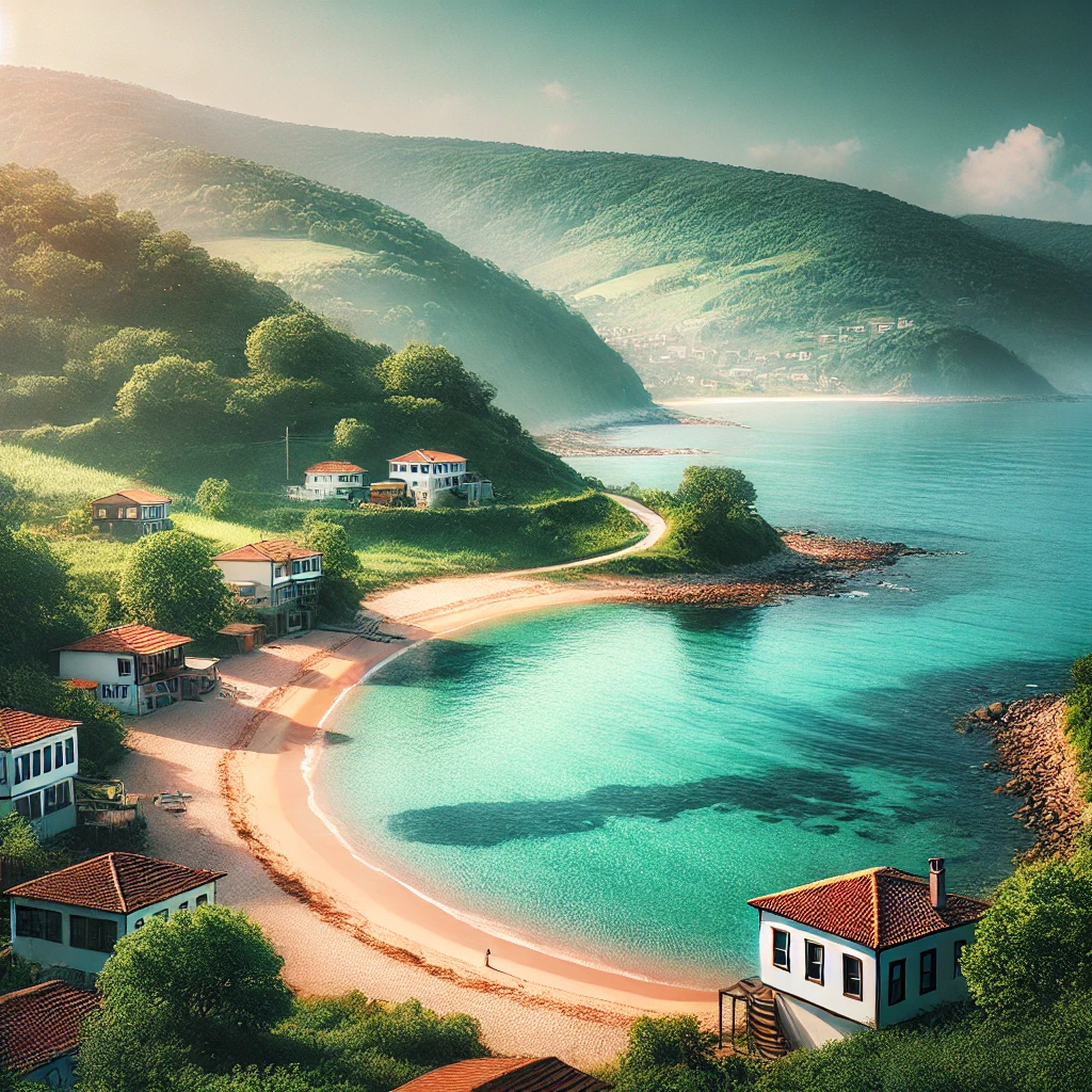 Serene coastal view of Akçakese, Şile, Istanbul, featuring a peaceful beach, clear blue waters, and lush green hills with traditional village houses in the background.