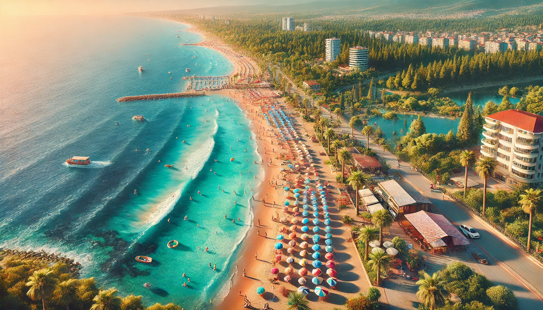 Scenic view of Akçakoca Beach in Düzce, Turkey, featuring sandy shore, blue waters, sunbathers, colorful beach umbrellas, lush greenery, and beachside cafes.