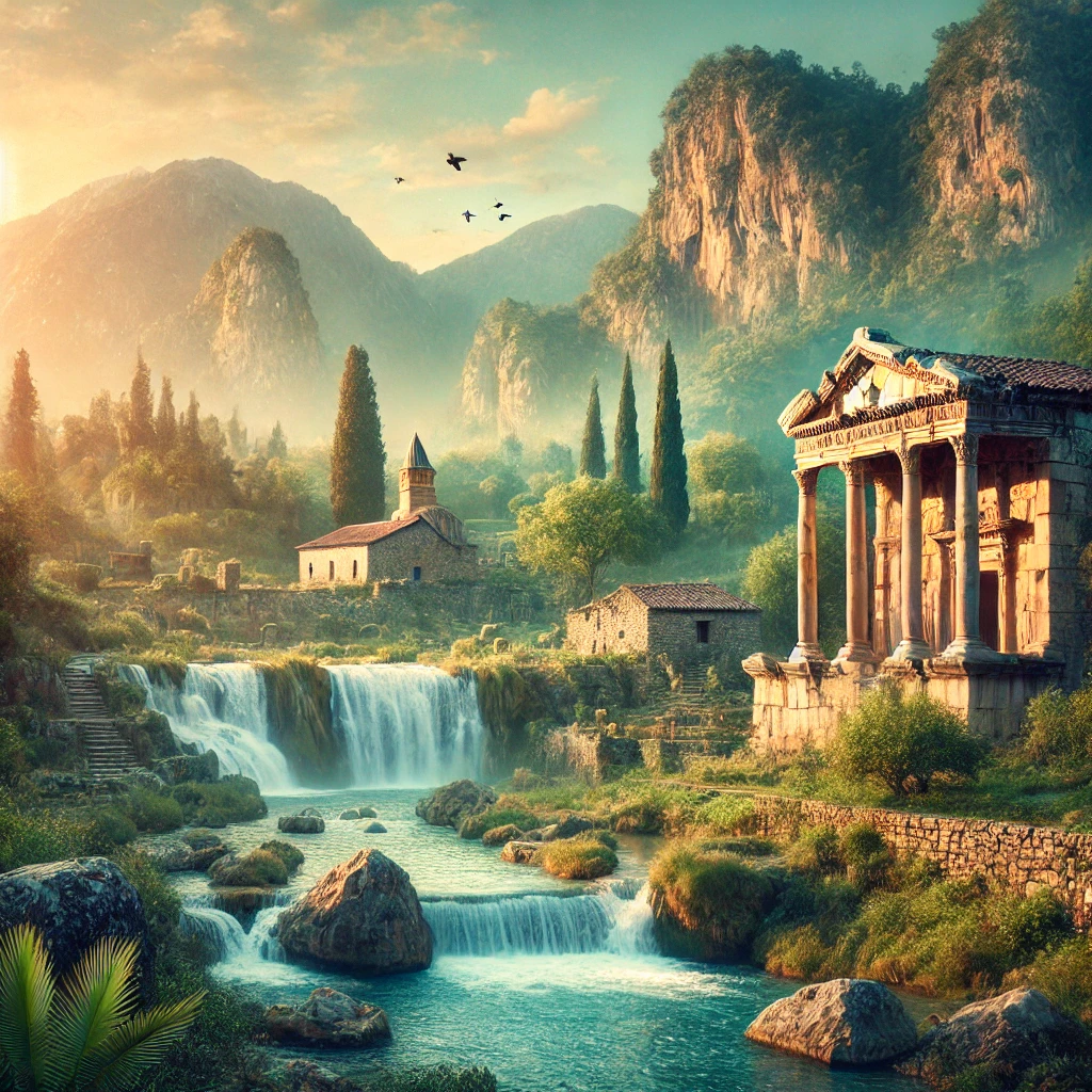 Scenic view of Aksu, Antalya, featuring the ancient ruins of Perge and the Kurşunlu Waterfall surrounded by lush greenery.