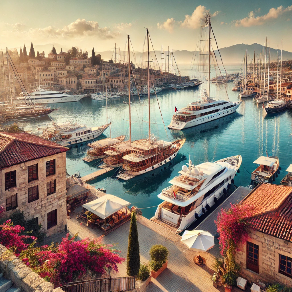 Picturesque view of Alaçatı Marina in Turkey with luxury yachts, traditional stone buildings, and vibrant bougainvillea.