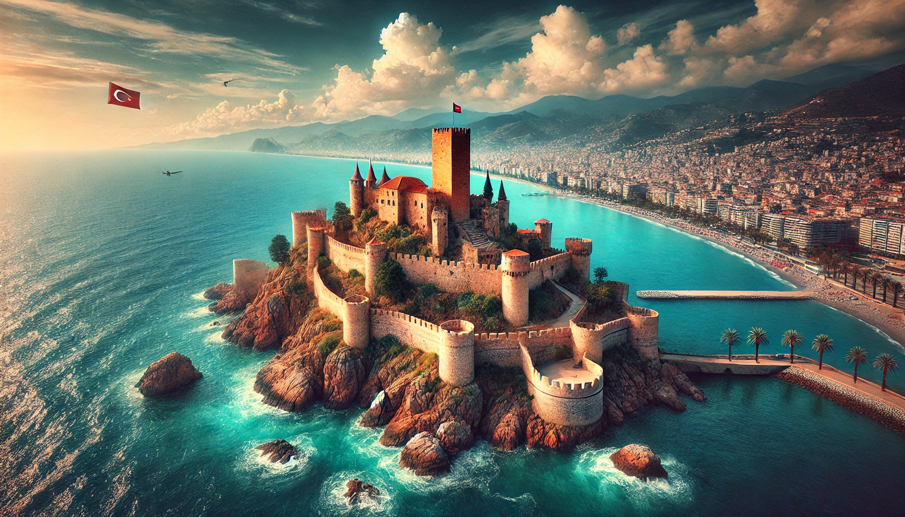 Stunning view of Alanya Castle overlooking the Mediterranean Sea in southern Turkey