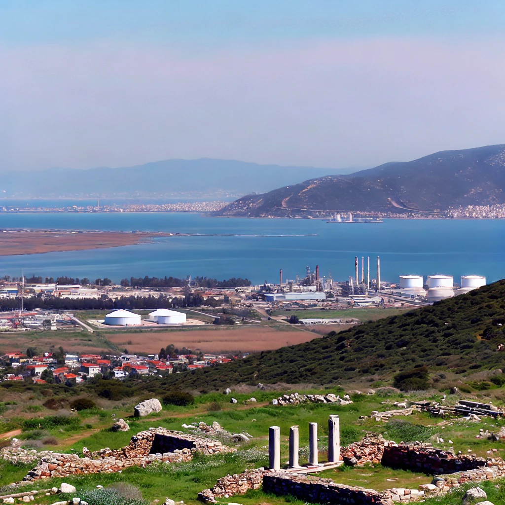 Scenic view of Aliağa, Izmir with ancient ruins, Aegean Sea, and industrial backdrop