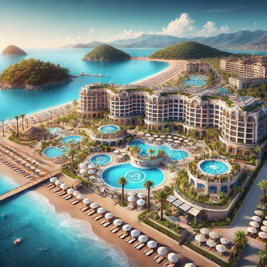 Luxurious all-inclusive beach resort in Turkey with pristine sandy beach, crystal-clear waters, and elegant resort buildings.