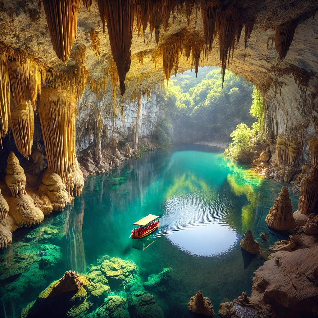 A breathtaking view of Altınbeşik Cave National Park, showcasing the turquoise lake, stalactites, and stalagmites.