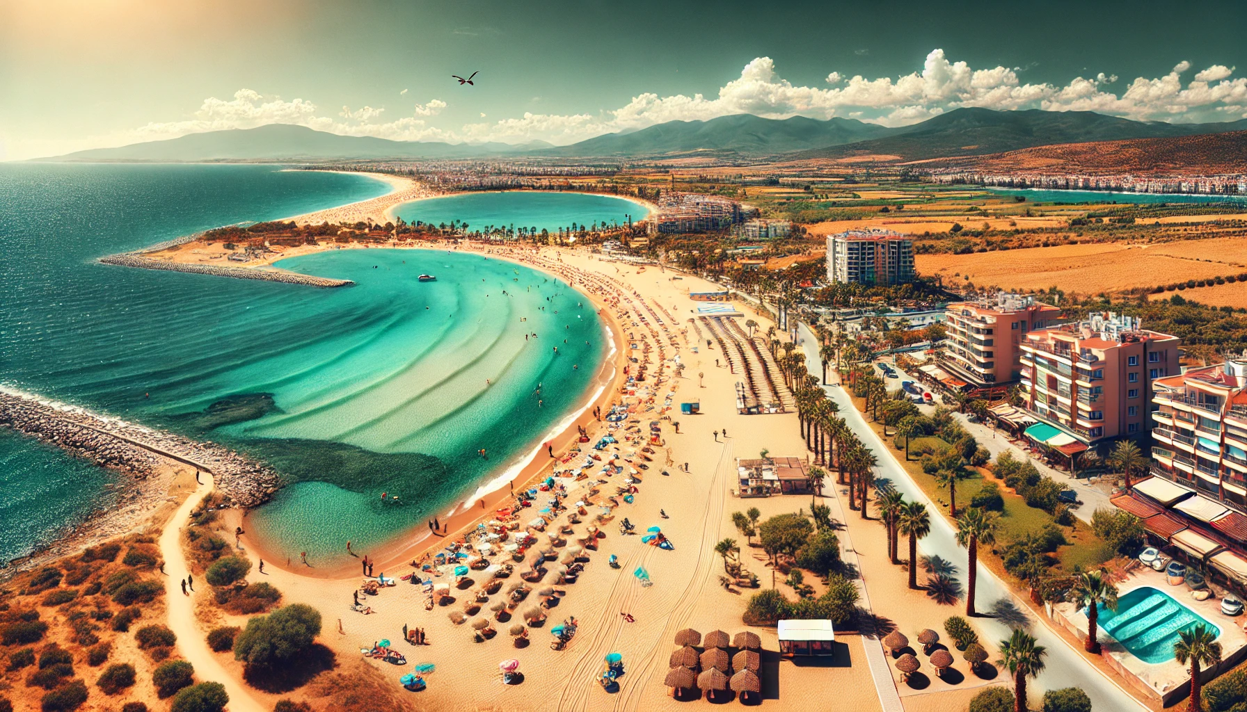 Scenic view of Altınkum Beach in Aydın, Turkey, featuring golden sandy shore, turquoise waters, sunbathers, beach umbrellas, resorts, and lush greenery.