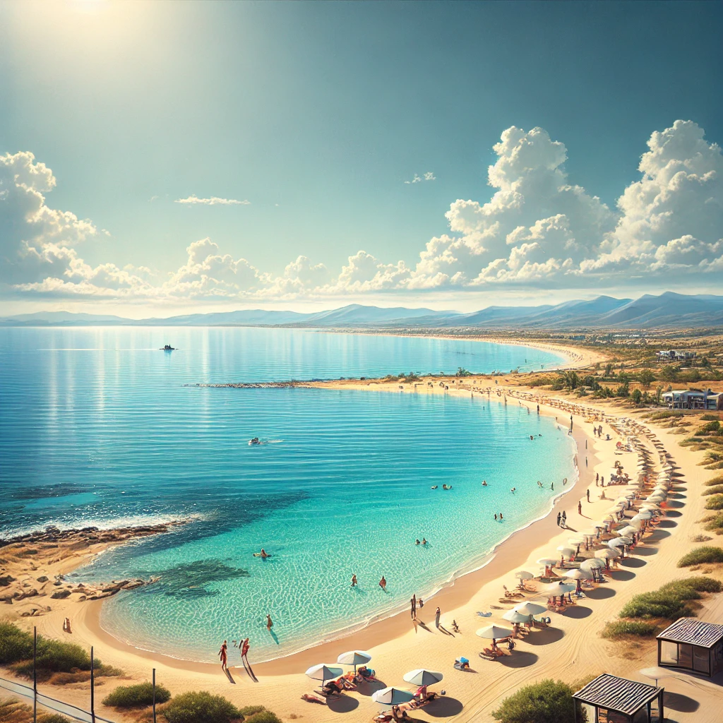 Realistic view of Altınkum Beach in Çeşme, featuring golden sands, crystal-clear turquoise waters, and visitors enjoying the beach on a bright, sunny day.