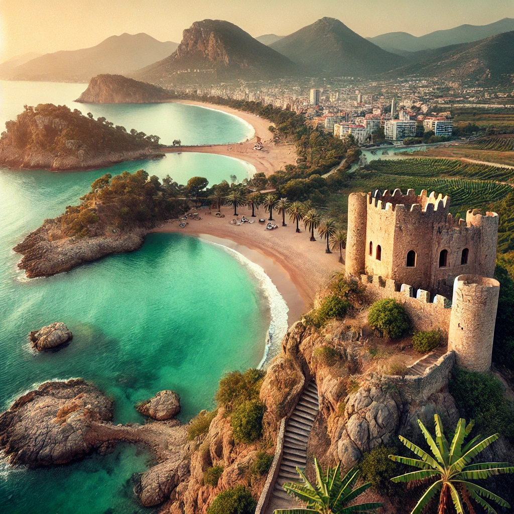 A picturesque view of Anamur, Mersin, Turkey, featuring a serene Mediterranean beach, ancient ruins of Anemurium, and the majestic Mamure Castle with lush greenery and banana plantations in the surroundings.