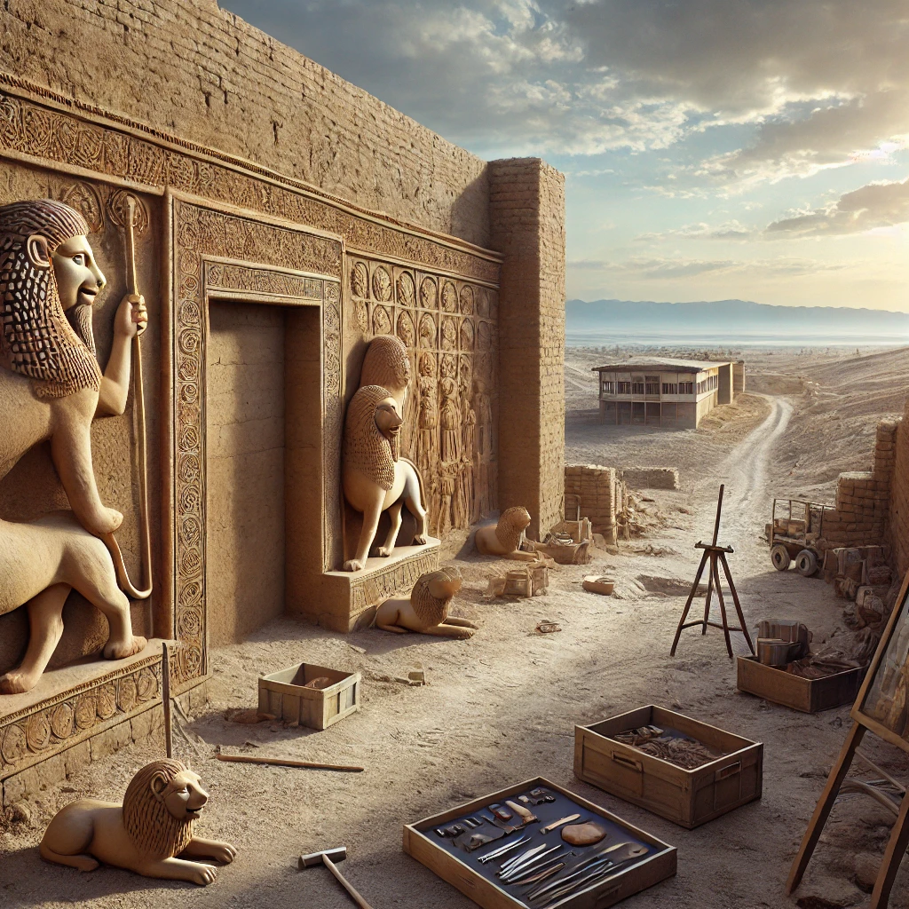 Arslantepe Open Air Museum in Malatya, Turkey, showcasing ancient mudbrick palace ruins with lion sculptures and wall reliefs.