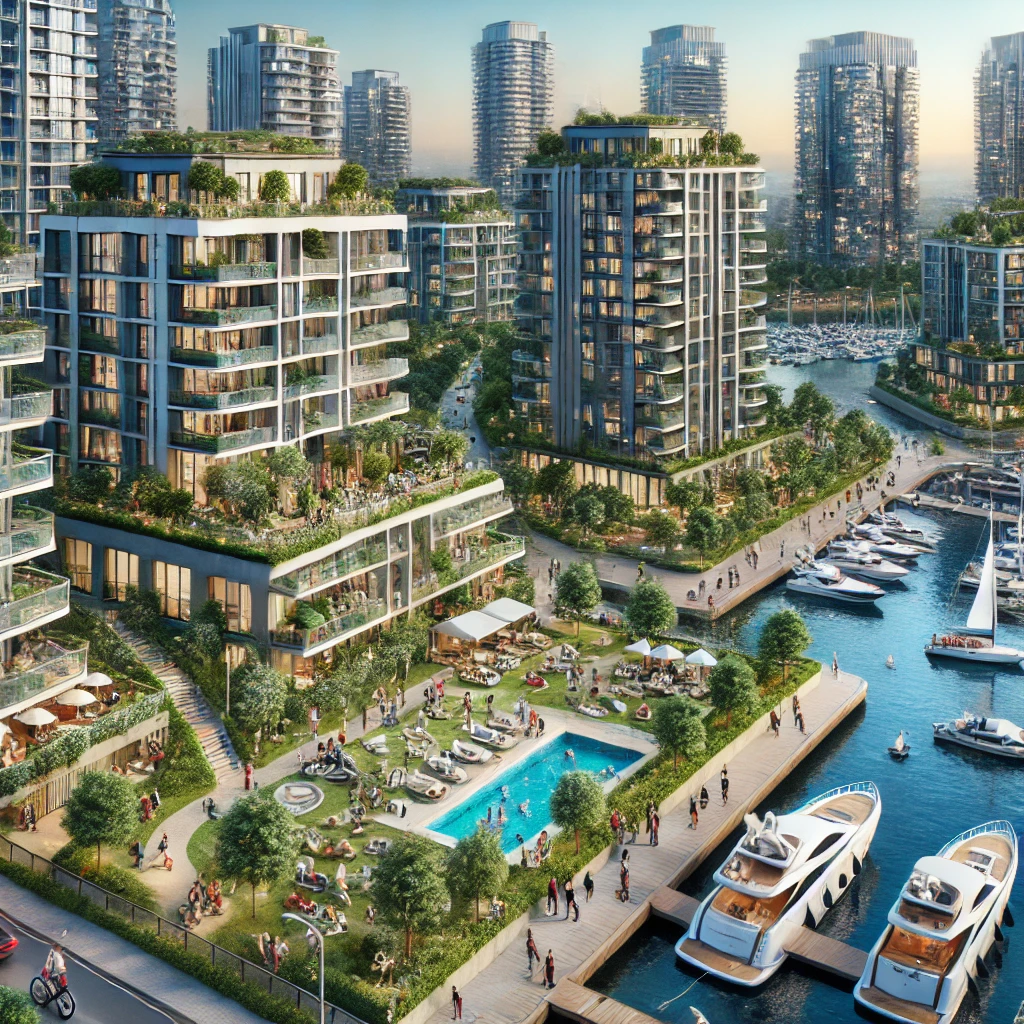 A luxurious neighborhood in Ataköy - Bakırköy, Istanbul, featuring modern residential buildings, green spaces, a marina with yachts, and people enjoying the waterfront.