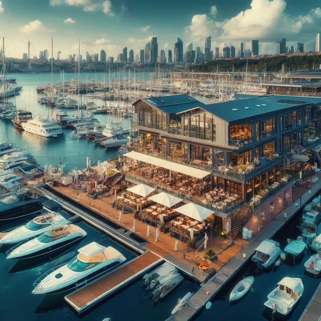 Ataköy Marina in Istanbul with yachts and boats docked along the Mediterranean coast, surrounded by the city skyline and a nearby restaurant.