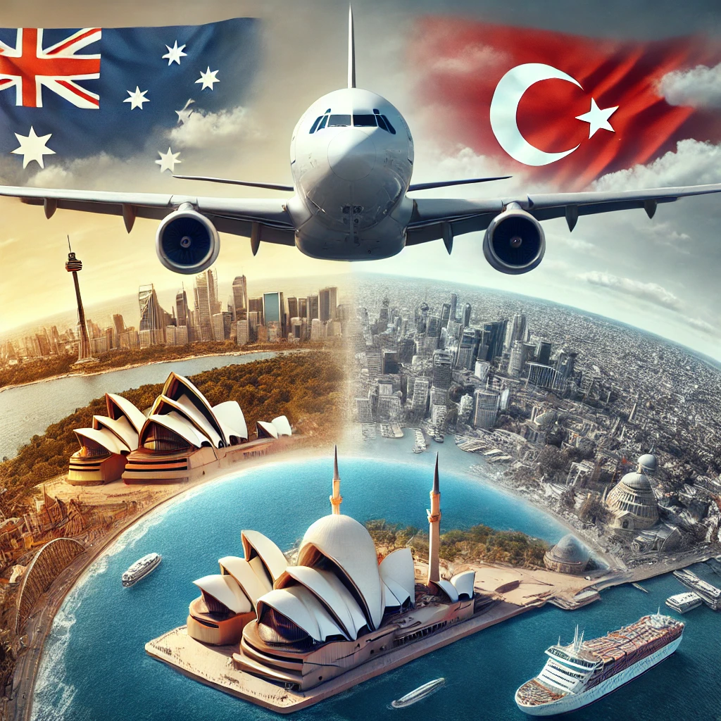 Airplane flying from Australia to Turkey with landmarks like the Sydney Opera House and Hagia Sophia visible below.