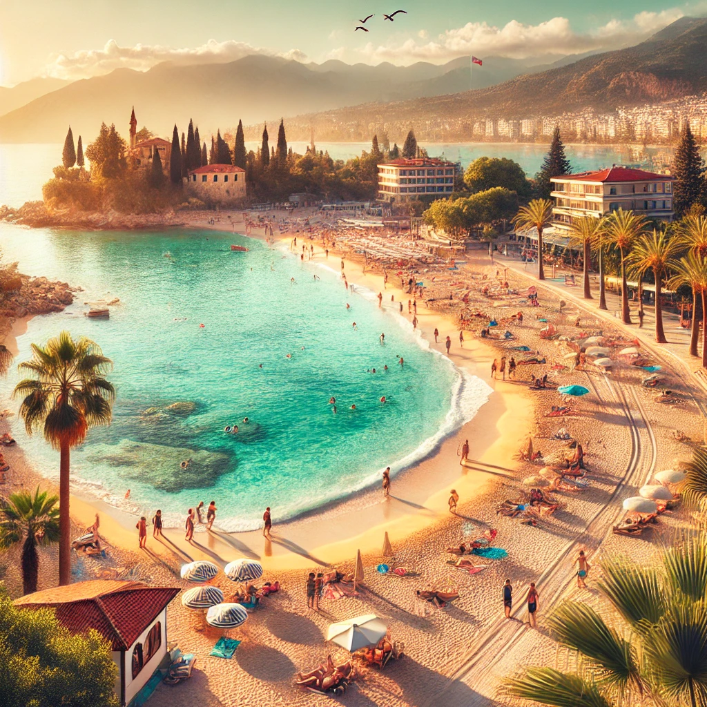 Families enjoying the golden sandy beaches of Avsallar, Alanya with clear turquoise waters and palm trees.