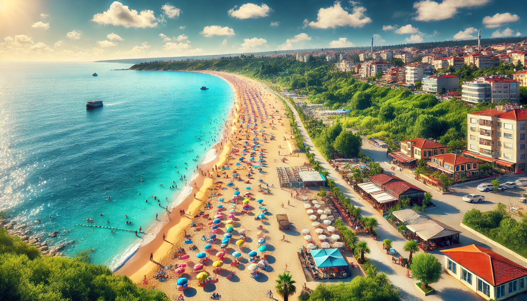 Scenic view of Ayazma Beach in Şile, Istanbul, featuring sandy shore, blue waters, sunbathers, colorful beach umbrellas, lush greenery, and beachside cafes.