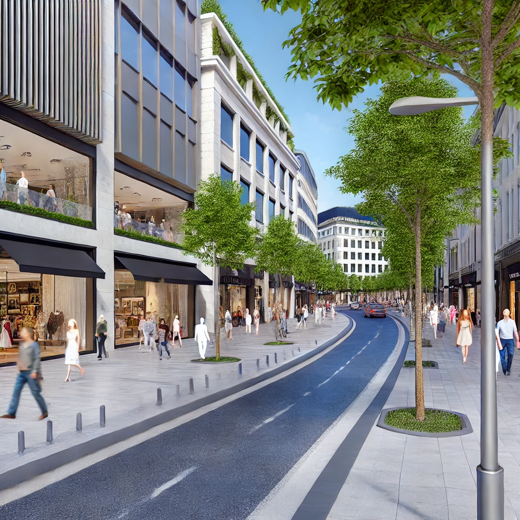 A lively scene on Bağdat Avenue in Istanbul with luxury boutiques, cafes, and people enjoying the vibrant atmosphere.