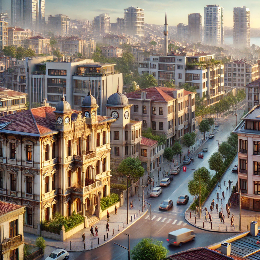 Bahçelievler, Istanbul showing a blend of historical Ottoman-era buildings and modern urban structures on a vibrant day.