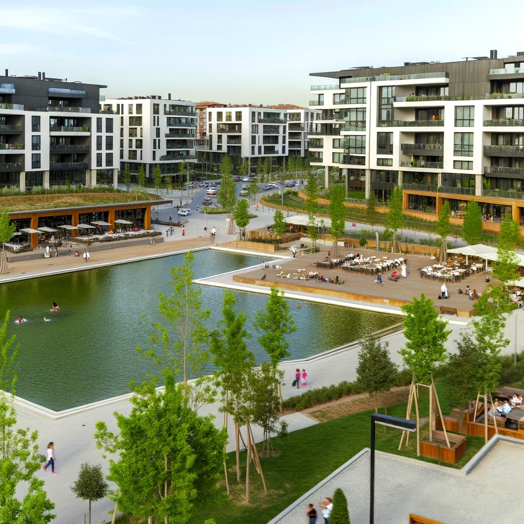 A vibrant and modern urban neighborhood in Bahçeşehir, Istanbul, featuring residential buildings, a large artificial lake, green spaces, and people enjoying outdoor activities.