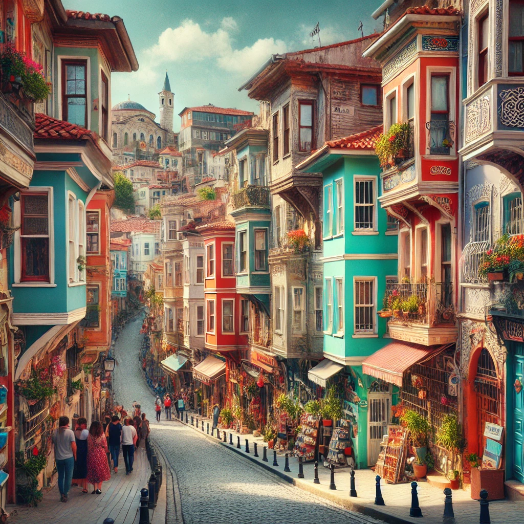 Colorful houses on a vibrant street in the historic Balat neighborhood of Istanbul.