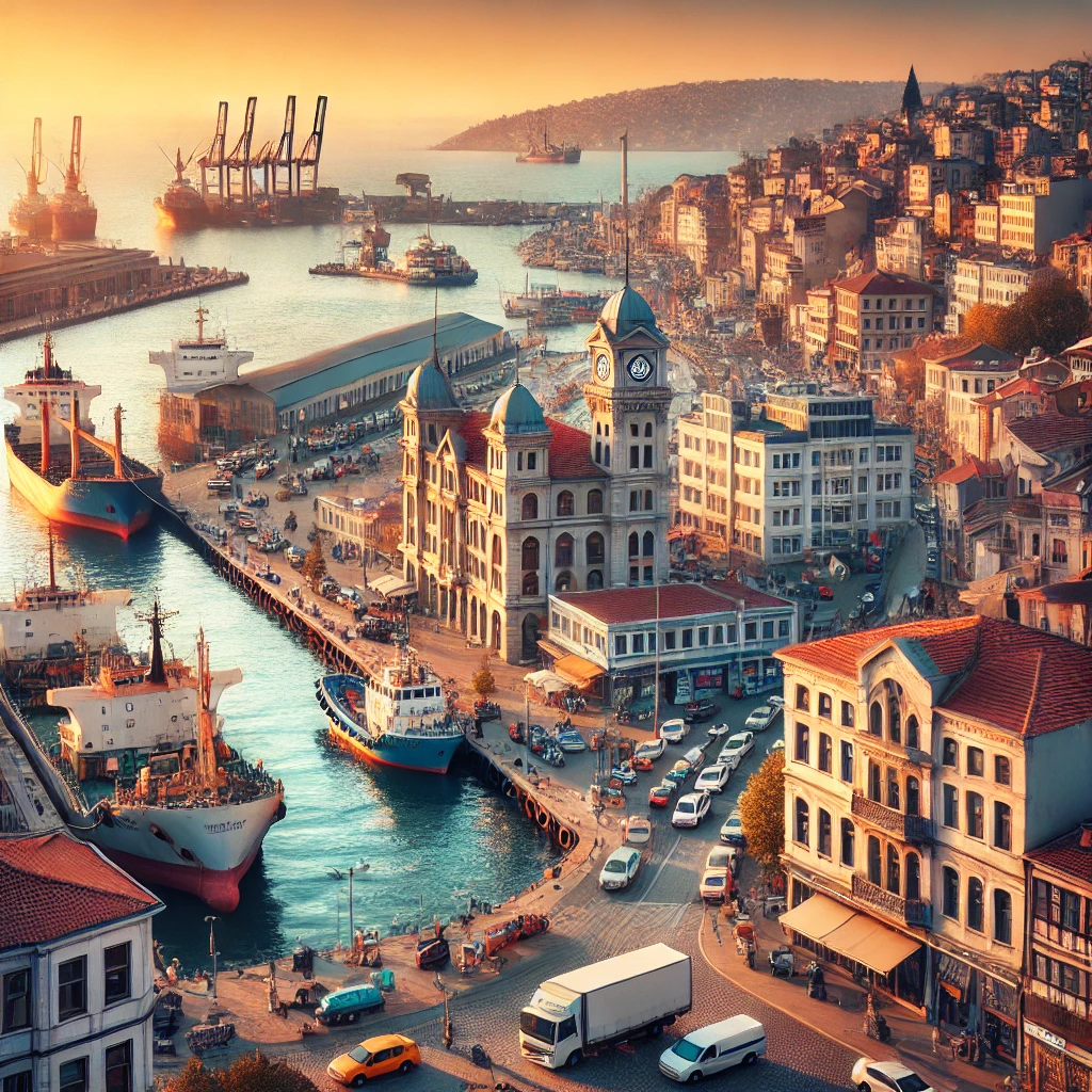 A vibrant view of Bandırma harbor in Balıkesir, Turkey, with ships docked, historical buildings in the background, and the Sea of Marmara in the distance.