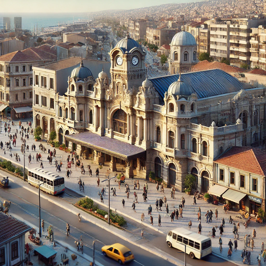 Realistic view of Basmane Train Station in Izmir, showcasing historic architecture with European and Ottoman styles, and a lively atmosphere with travelers and locals.