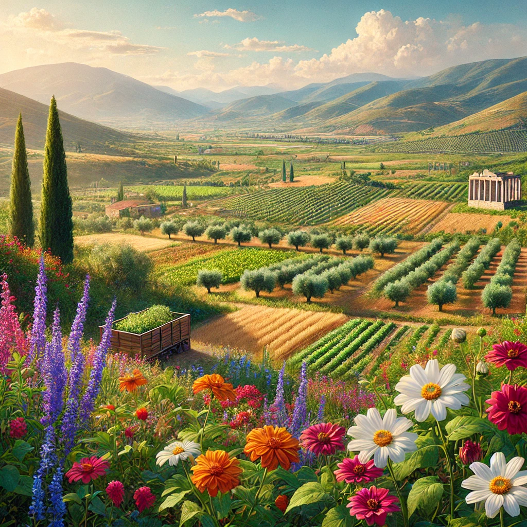 Realistic view of Bayındır, Izmir showcasing lush agricultural fields, colorful flowers, olive groves, and rolling hills with historical ruins in the distance