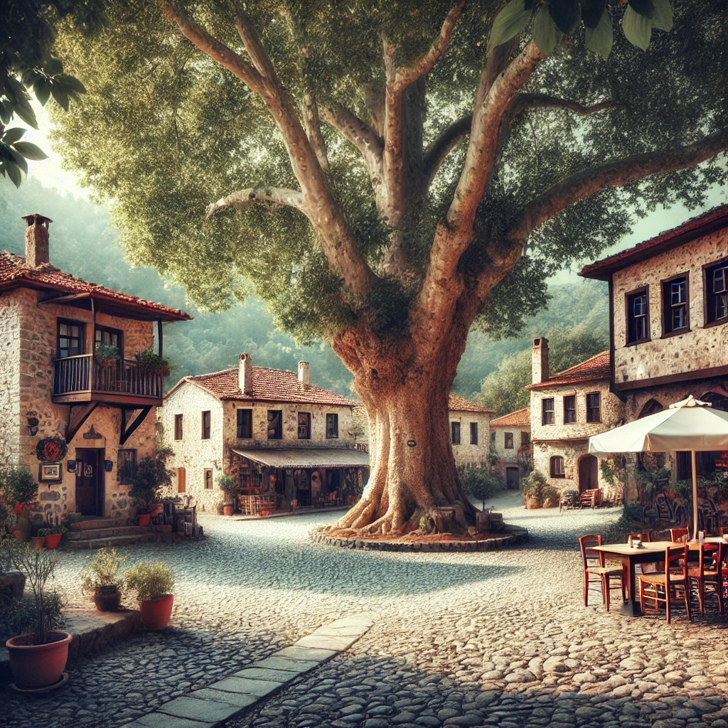 A tranquil view of Bayır, Marmaris featuring an ancient plane tree in the village square surrounded by traditional stone houses and a small café.