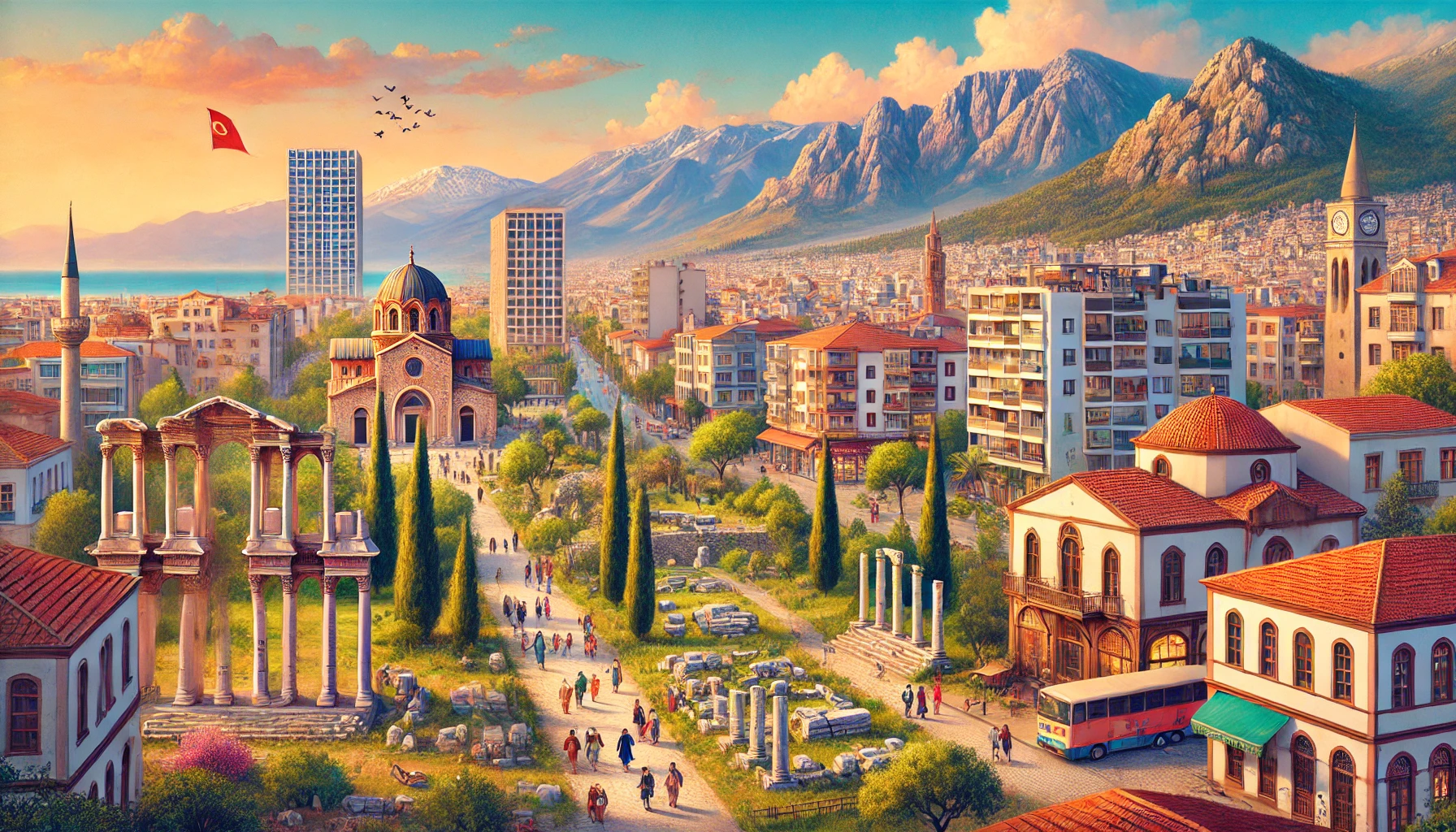 Vibrant district in Bayraklı, Izmir, Turkey featuring ancient ruins of Smyrna, modern residential buildings, lush green parks, scenic views of Yamanlar Mountain and Karagöl, and Saint Antoine Catholic Church.