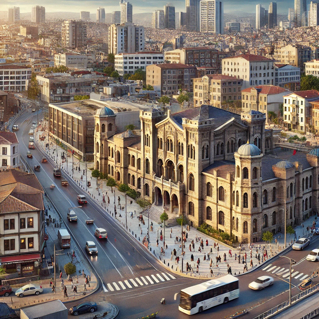 Bayrampaşa, Istanbul with Maltepe Military Hospital and modern urban development. Title: Bayrampaşa: A Blend of History and Modernity in Istanbul