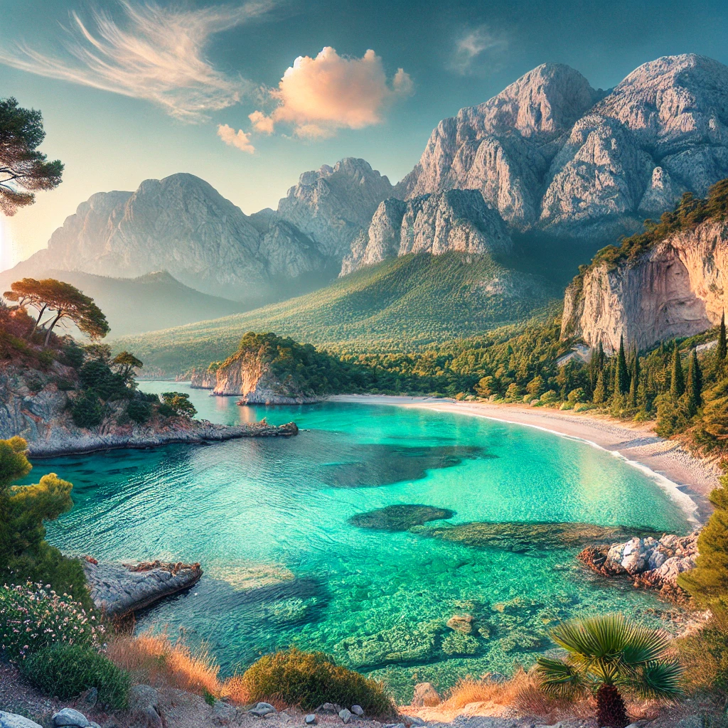 Coastal view of Beldibi, Kemer, Antalya, showcasing a serene Mediterranean beach with turquoise waters and the Taurus Mountains in the background.