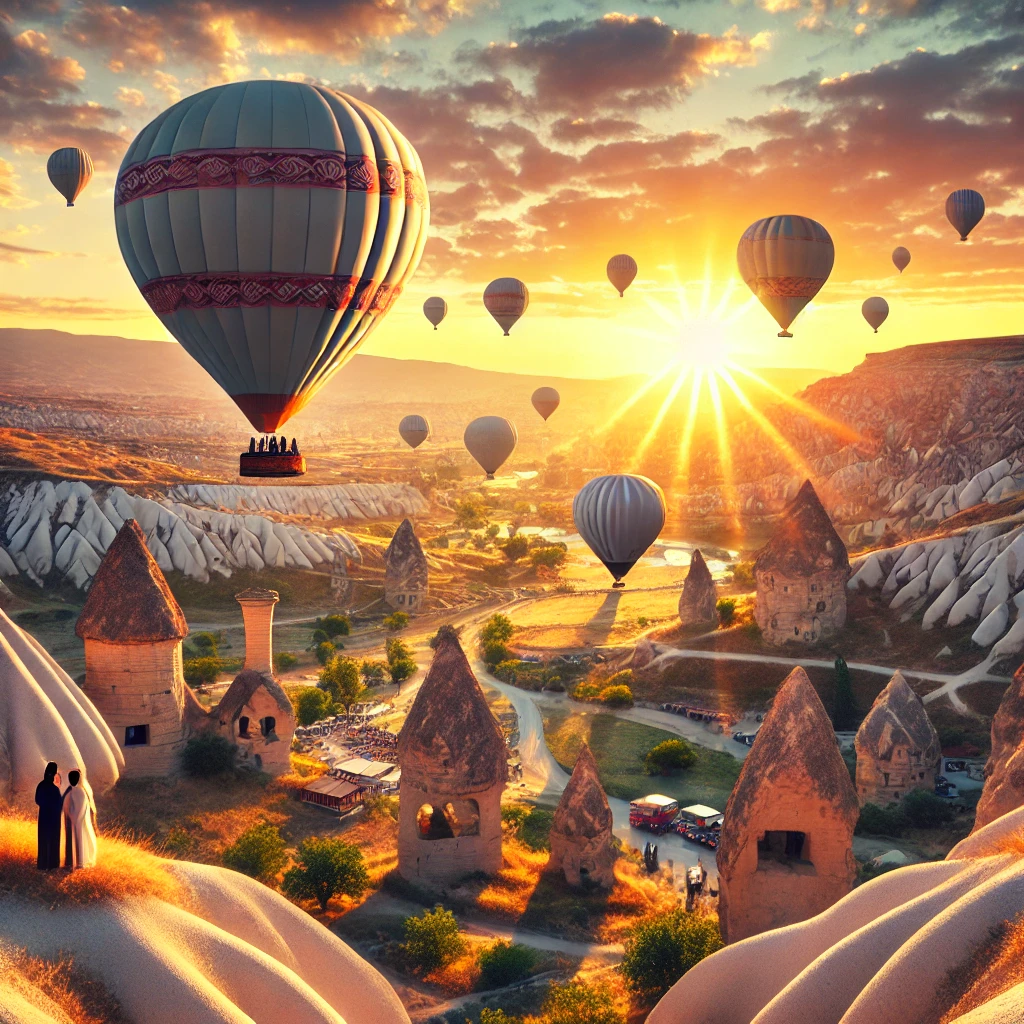 Romantic hot air balloon ride at sunrise in Cappadocia, Turkey