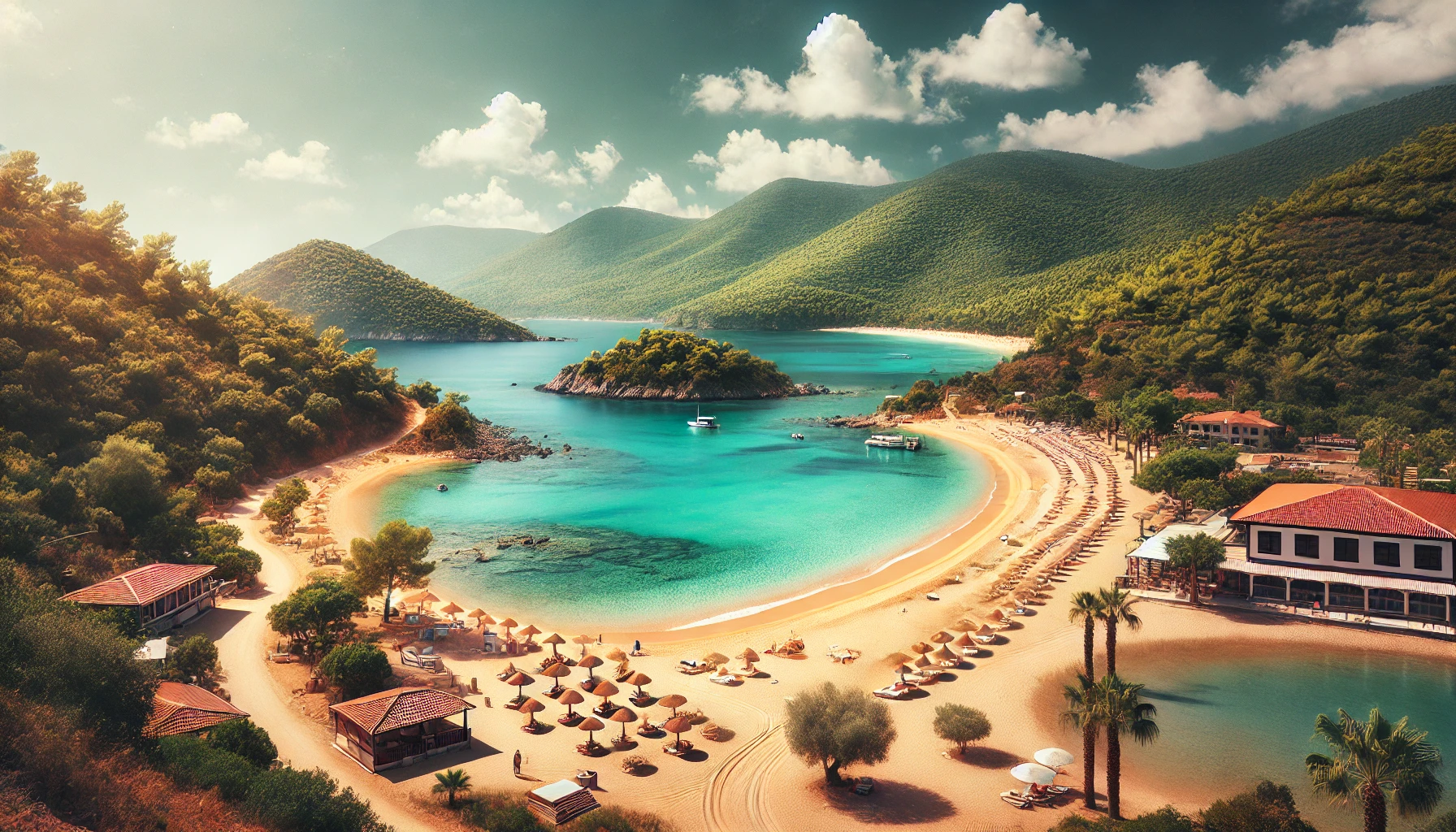 Picturesque beach in Muğla, Turkey, with golden sands and crystal-clear blue waters.