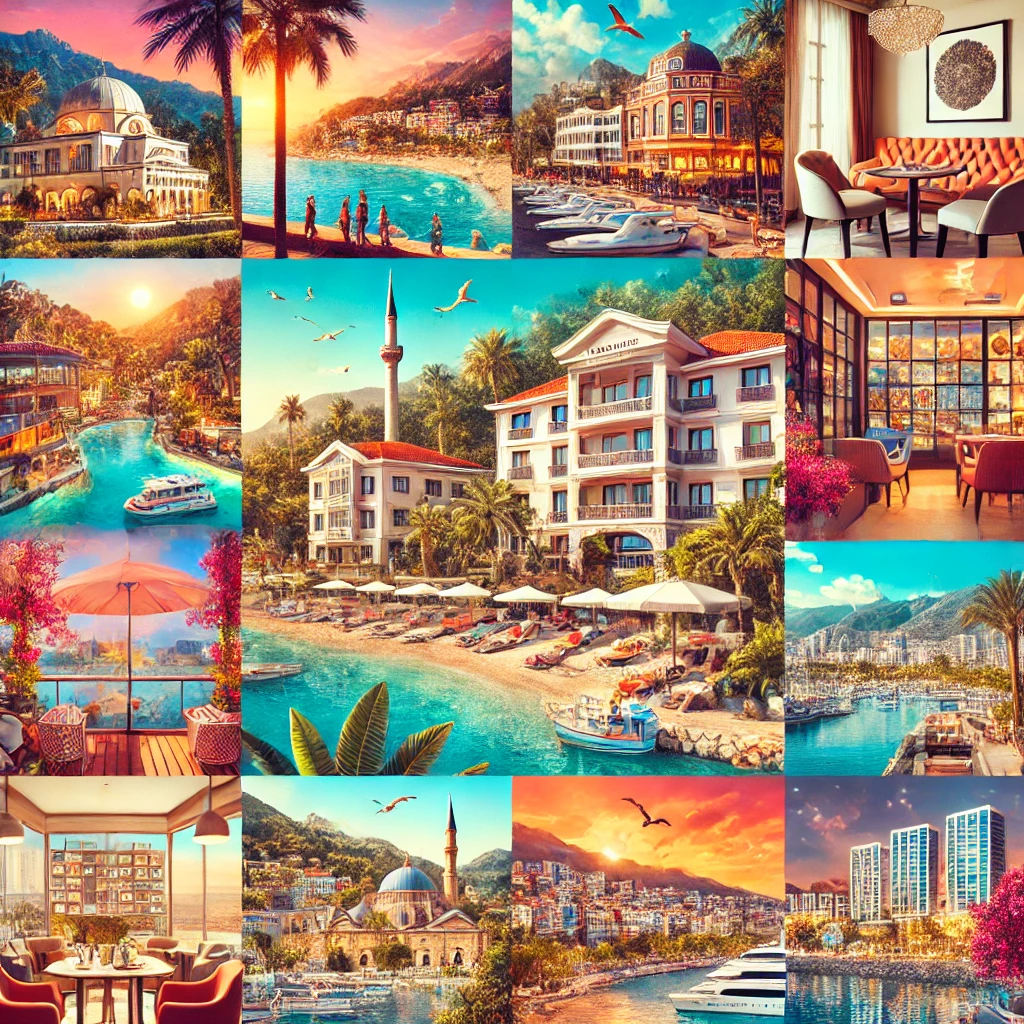 Collage of the best hotels and accommodations in Antalya, including Barut Lara, Lionas Hotel Kaleiçi, Gizli Bahçe, and Casamax Suites.