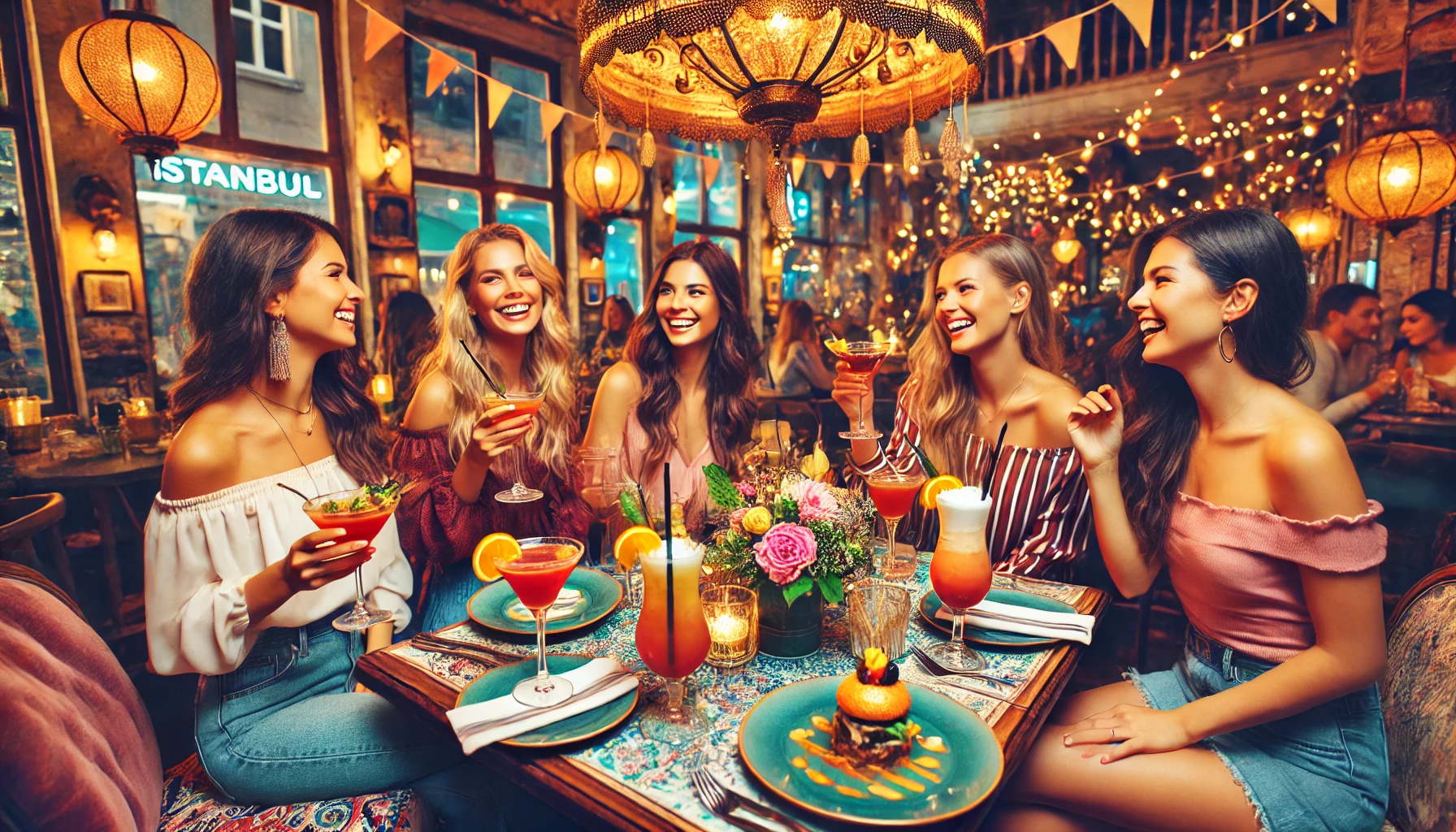 A lively girls' night out scene in Istanbul with friends enjoying drinks and food in a cozy cafe with stylish decor.