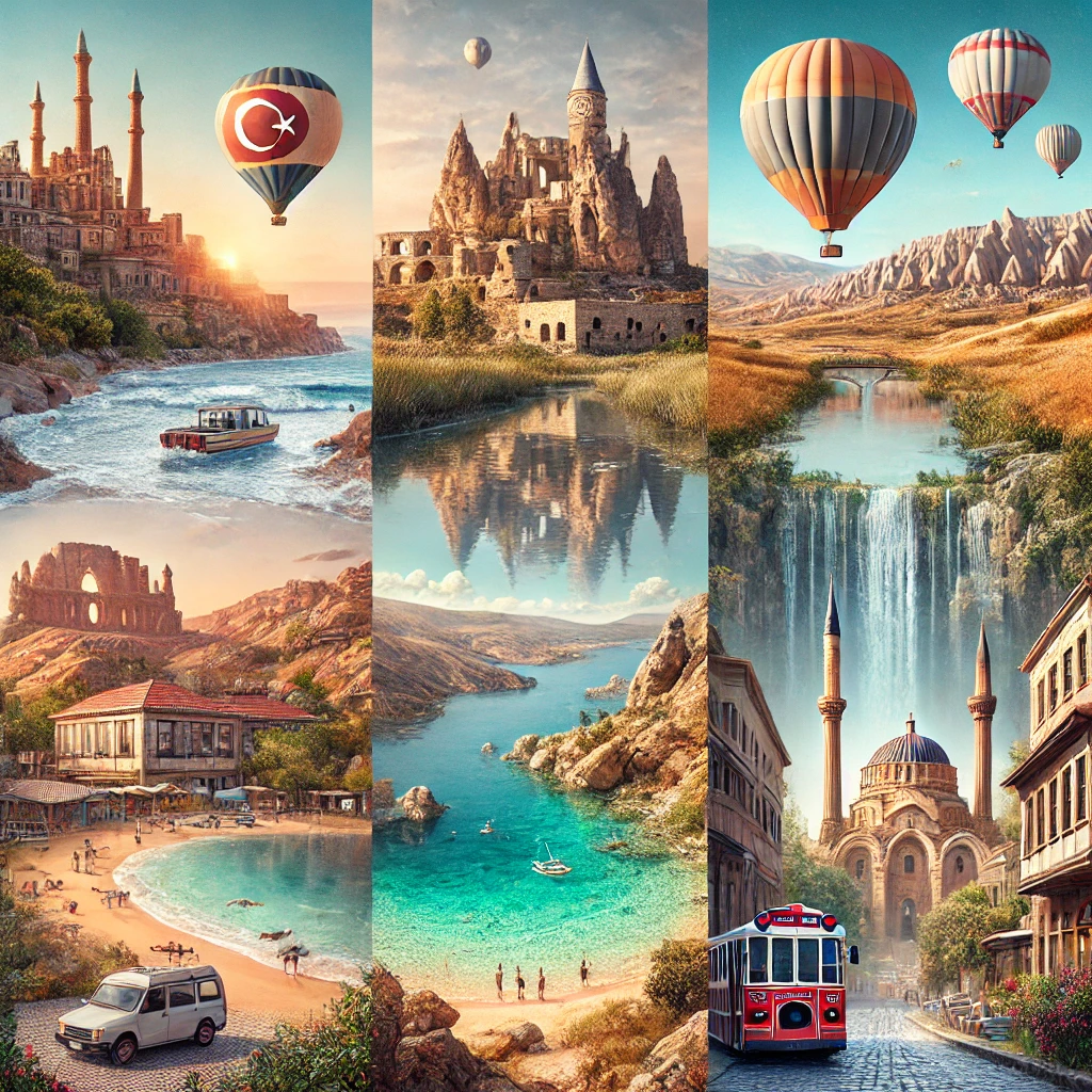 Collage of Turkey's best weekend getaways, featuring Mersin Narlıkuyu beach, Cappadocia hot air balloons, Abant lakes, Assos ruins, and Ayvalık streets.