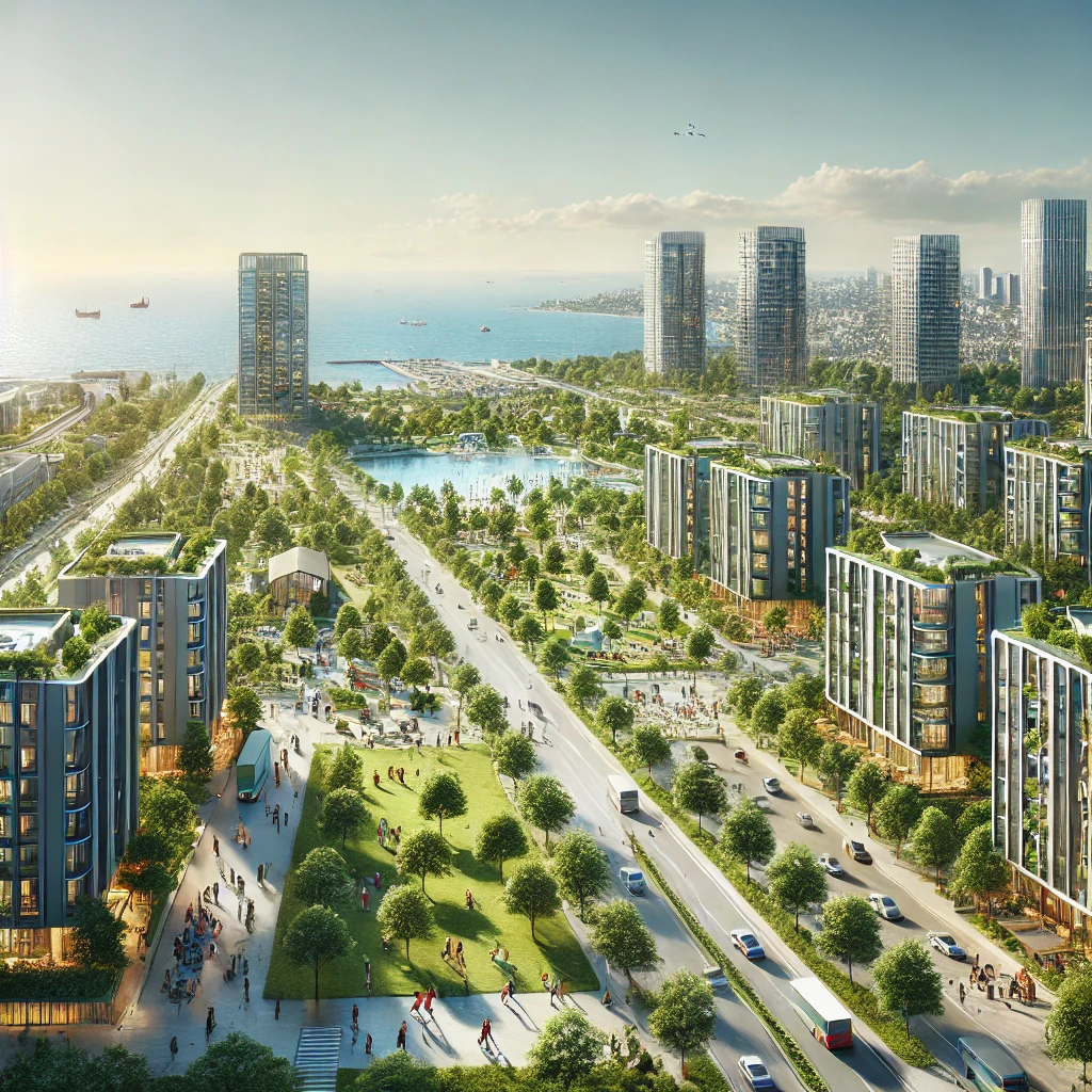 Modern urban landscape of Beylikdüzü, Istanbul, featuring well-planned infrastructure, Yaşam Vadisi park, and the Marmara Sea coastline.