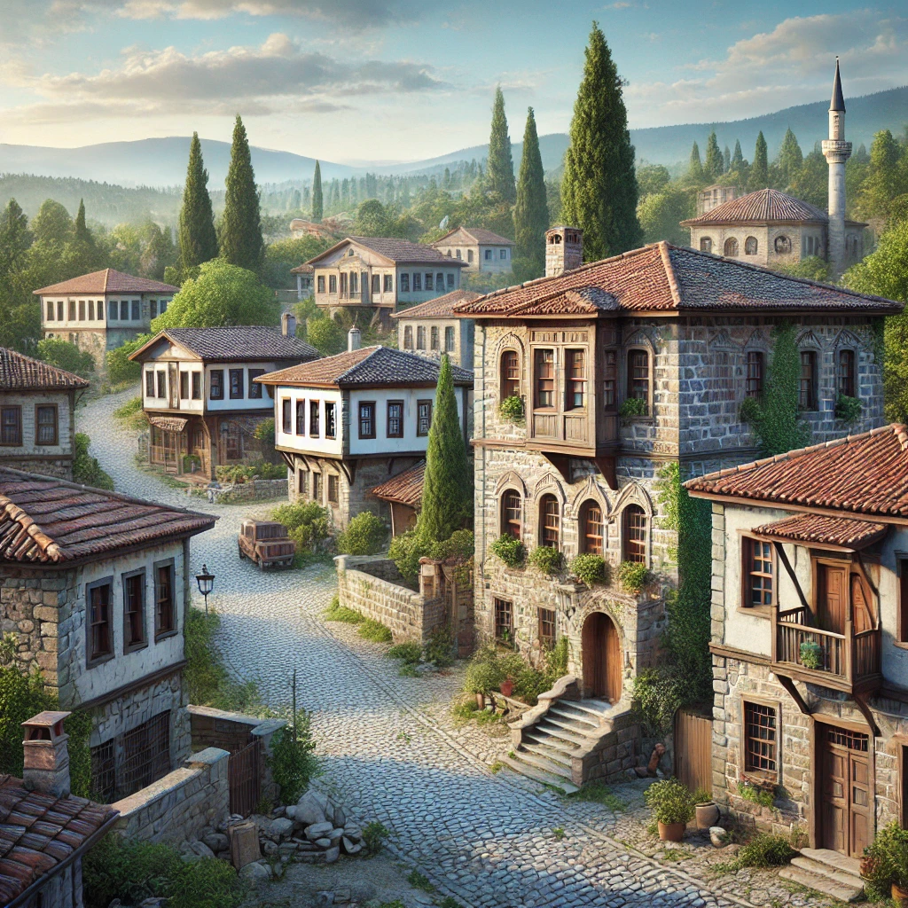 Realistic view of Birgi village in Izmir, Turkey, showcasing traditional Ottoman architecture with stone houses, cobblestone streets, and the Çakırağa Konağı mansion.