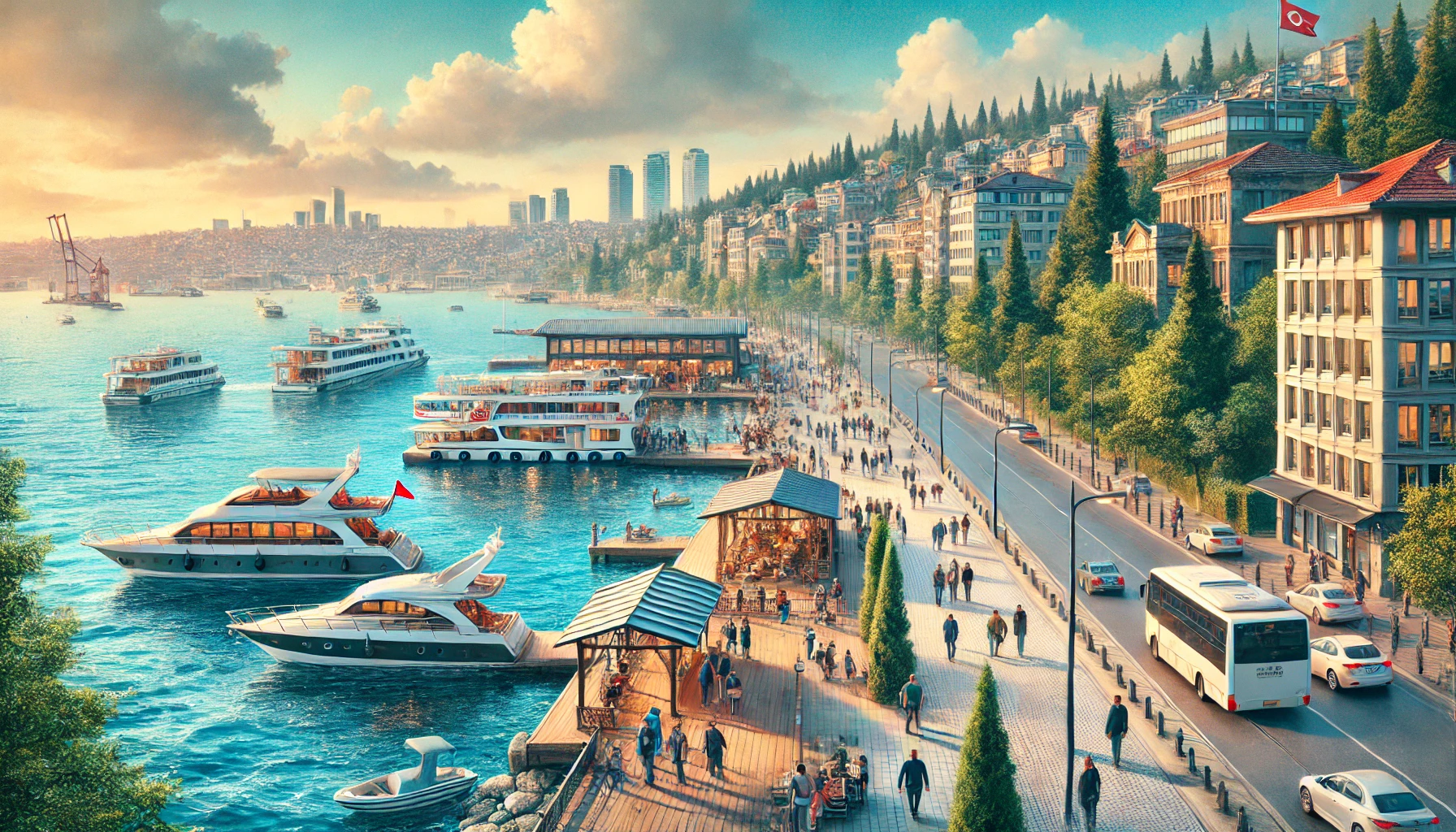 Scenic view of Bostancı, Istanbul, featuring the waterfront with boats and the coastal promenade.