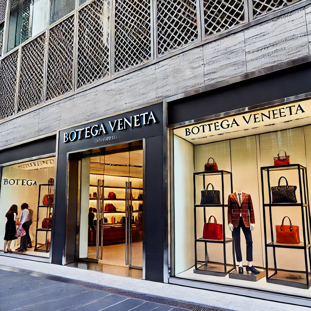 Bottega Veneta storefront in Istanbul, Turkey, showcasing luxury fashion items with a blend of modern and traditional design elements.