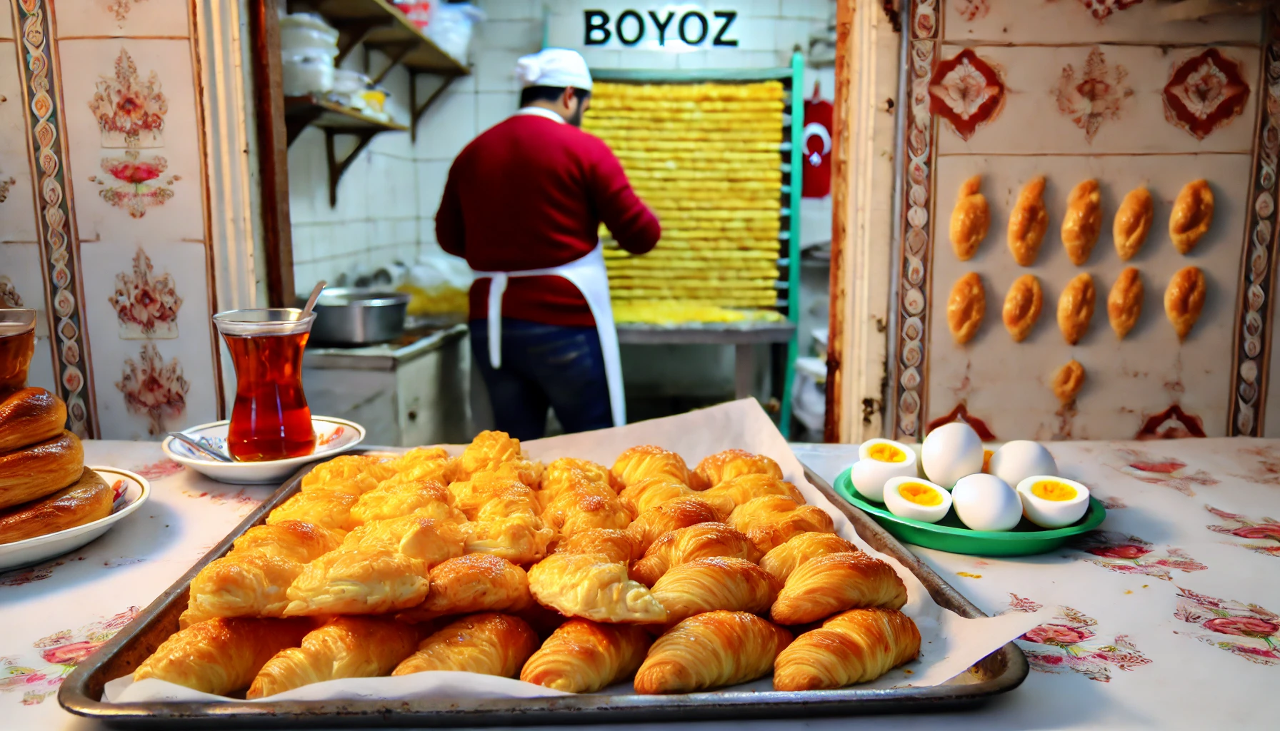 Freshly baked Boyoz pastries at a bakery in Izmir, Turkey with a baker in the background.