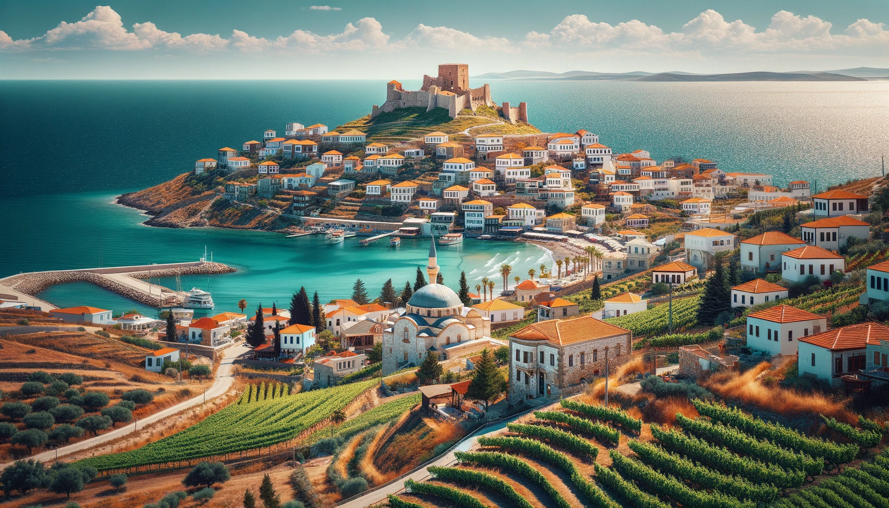 Picturesque view of Bozcaada (Tenedos) island with traditional houses, Bozcaada Castle, and vineyards