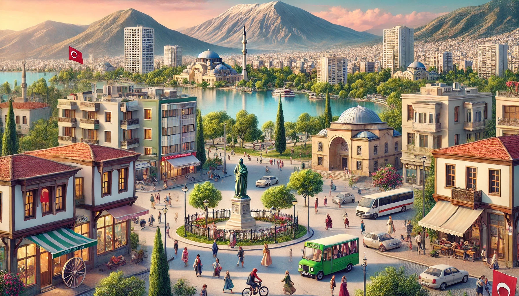 Vibrant district in Buca, Izmir, Turkey featuring historical landmarks, lush green parks, modern residential buildings, scenic views of Nif Mountain, and people enjoying outdoor activities.